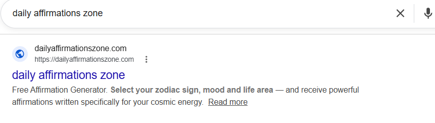 Google search result for 'daily affirmations zone' showing dailyaffirmationszone.com ranking first with a rich description