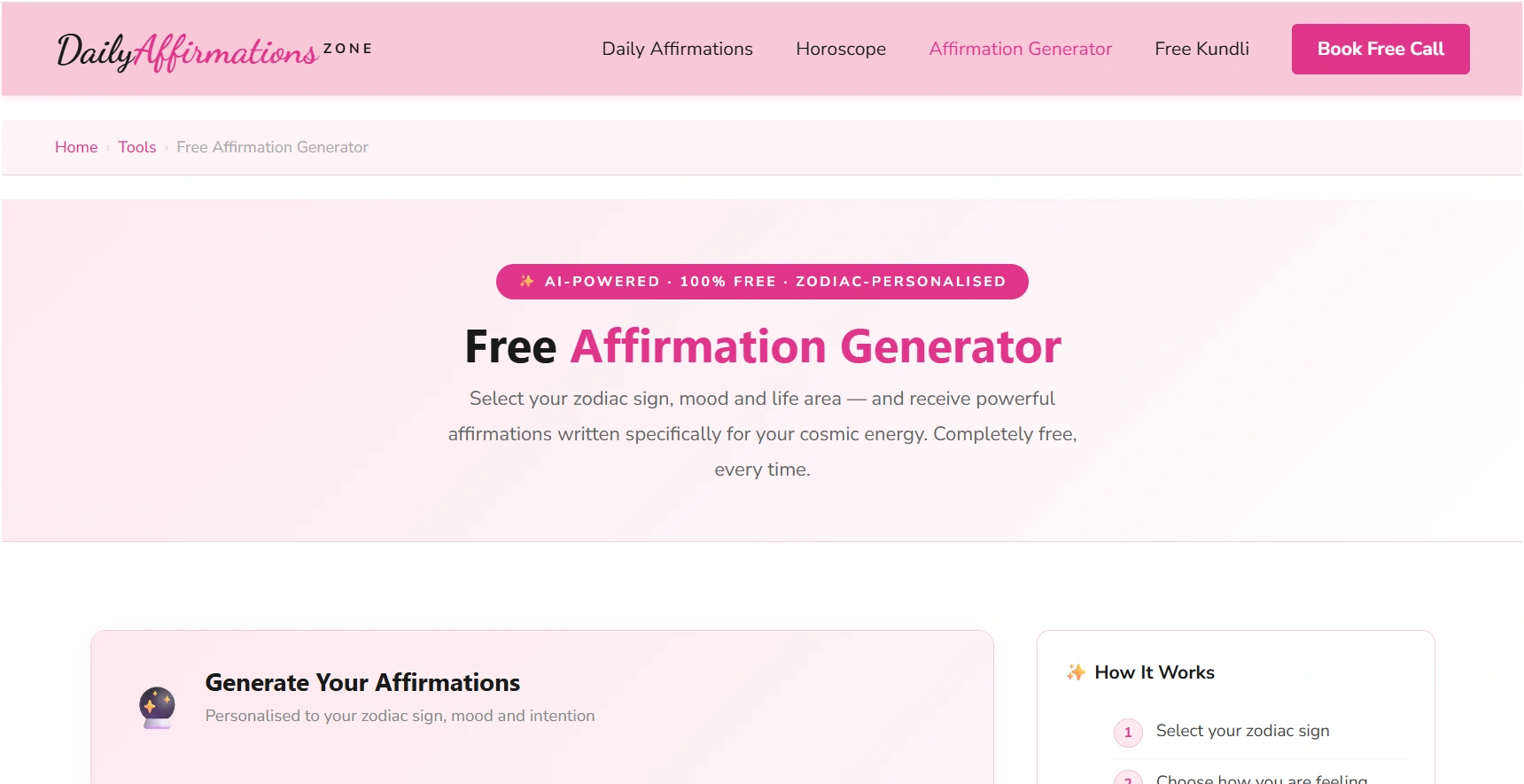 Daily Affirmations Zone free affirmation generator tool page, zodiac-personalised