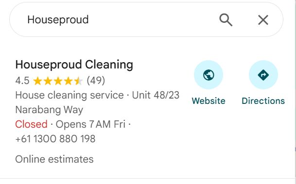 Google My Business profile for House Proud